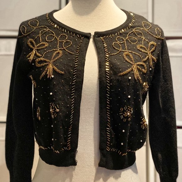 Forever 21 Black Cropped Cardigan with Gold Beaded Detail - Picture 1 of 8